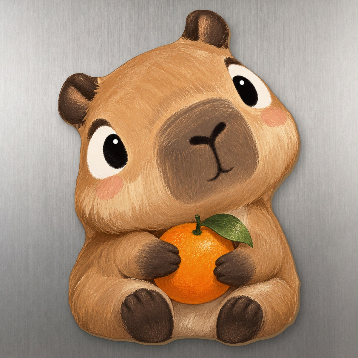 Orange Capybara wood magnet M373 on a stainless steel fridge, made in USA
