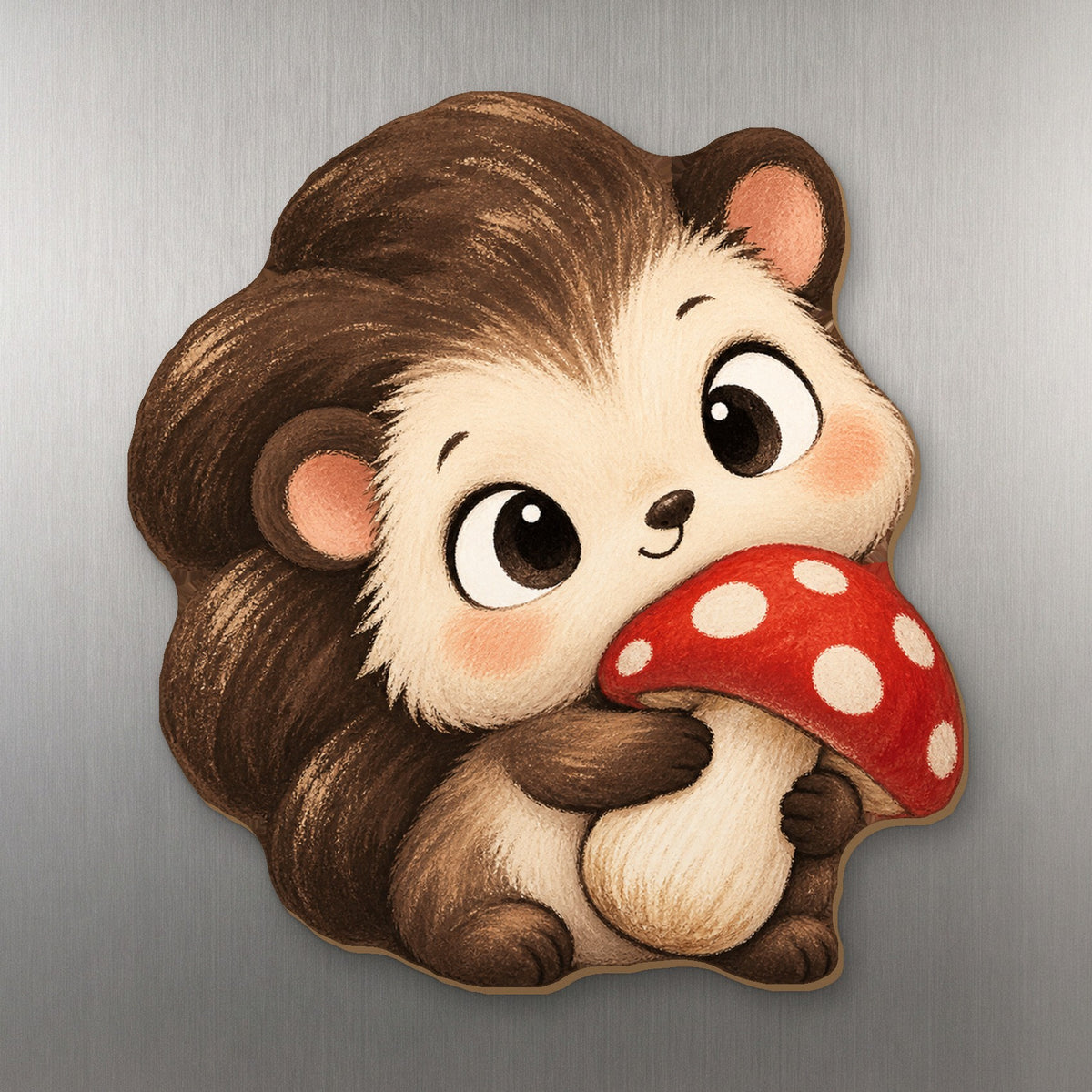 Mushroom Hedgehog wood magnet M374 on a stainless steel fridge, made in USA