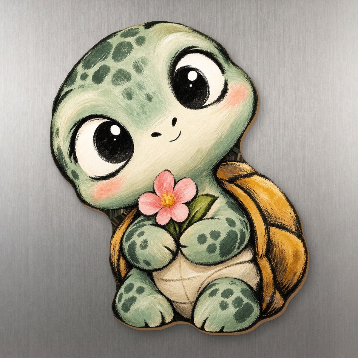 Flower Turtle wood magnet M378 on a stainless steel fridge, made in USA