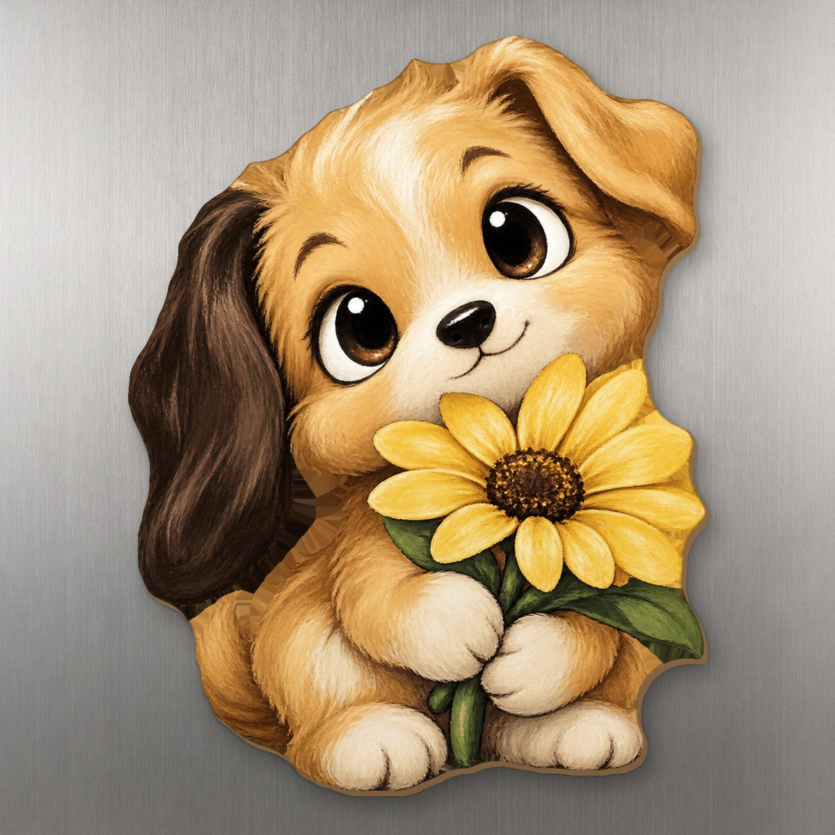 Daisy Puppy wood magnet M381 on a stainless steel fridge, made in USA