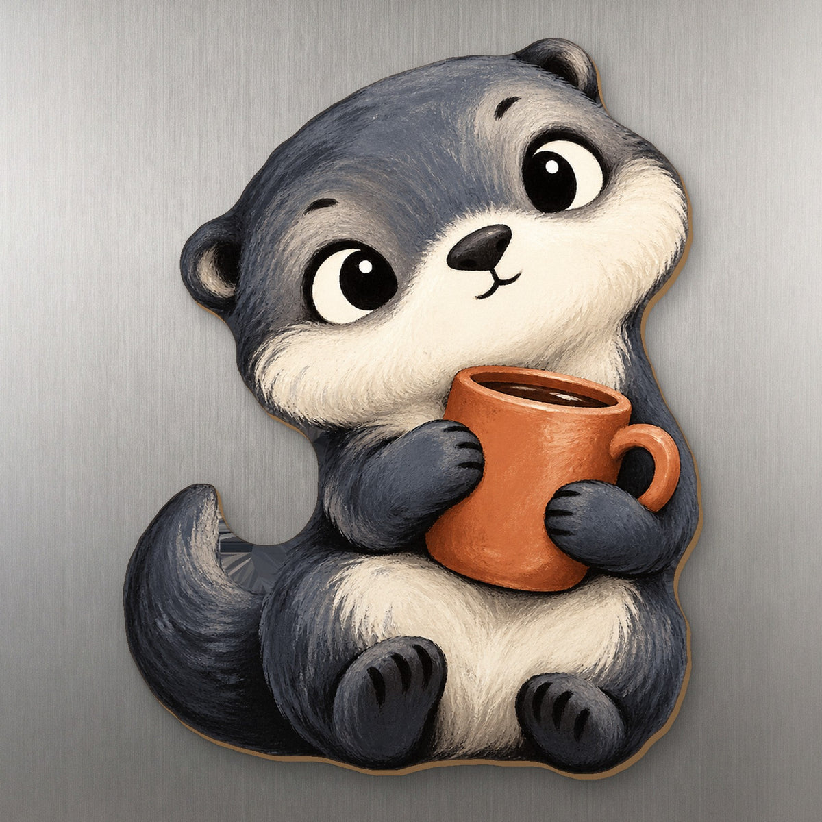 Mug Otter wood magnet M384 on a stainless steel fridge, made in USA