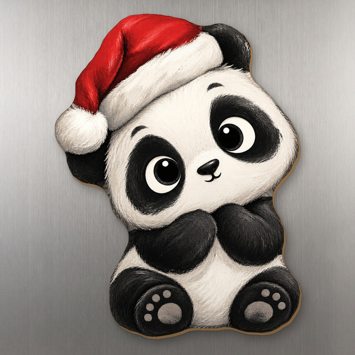 Santa Panda wood magnet M385 on a stainless steel fridge, made in USA