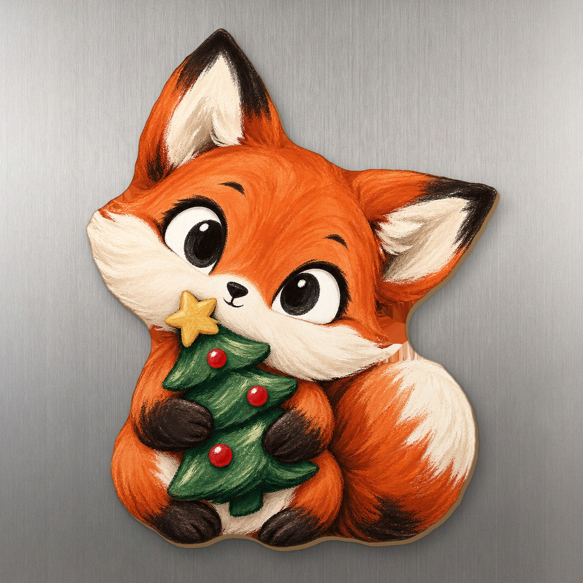 Tree Fox wood magnet M387 on a stainless steel fridge, made in USA