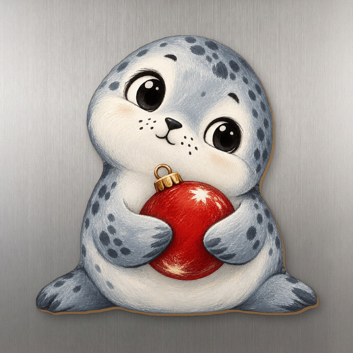 Snowy Seal wood magnet M389 on a stainless steel fridge, made in USA
