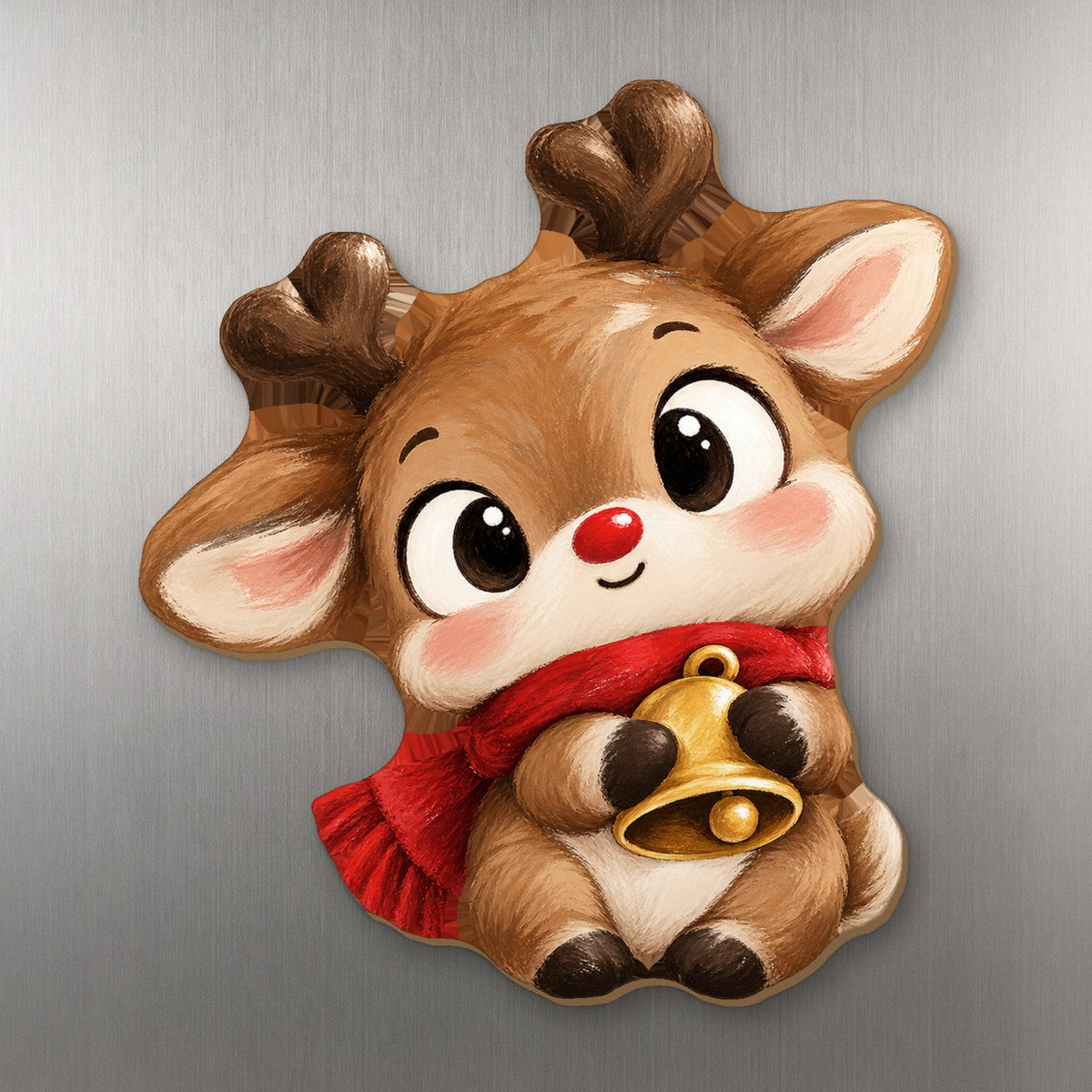 Jolly Reindeer wood magnet M390 on a stainless steel fridge, made in USA