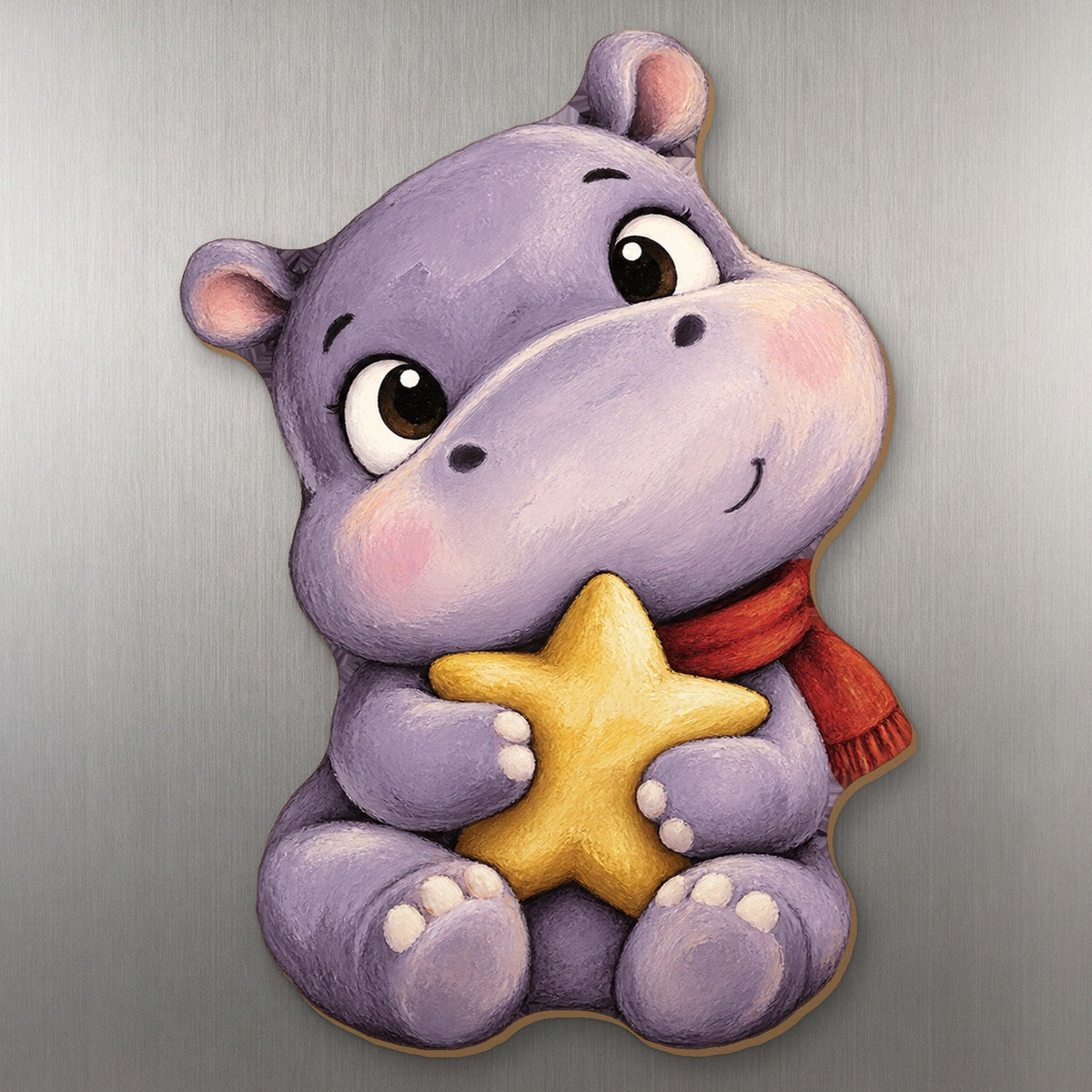Festive Hippo wood magnet M393 on a stainless steel fridge, made in USA