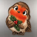 Winter Robin wood magnet M394 on a stainless steel fridge, made in USA