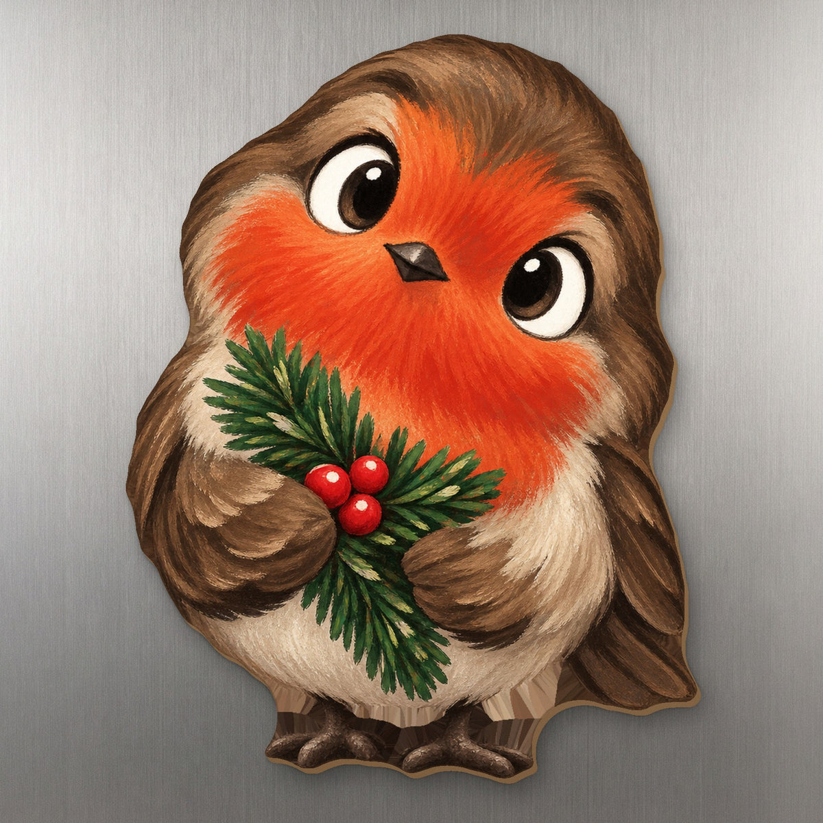 Winter Robin wood magnet M394 on a stainless steel fridge, made in USA