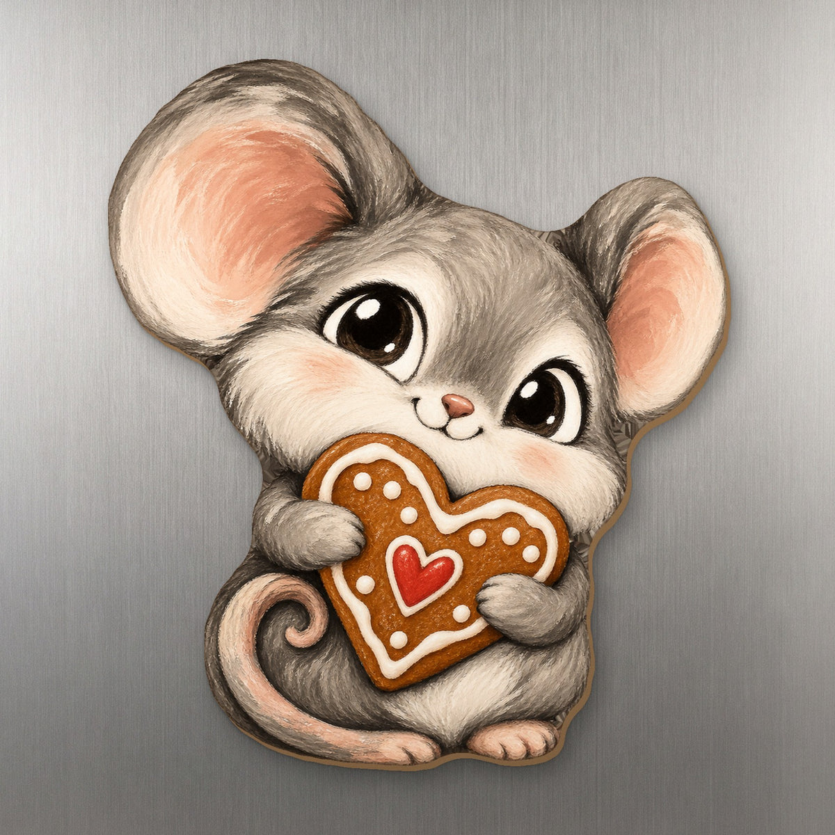 Cookie Mouse wood magnet M395 on a stainless steel fridge, made in USA