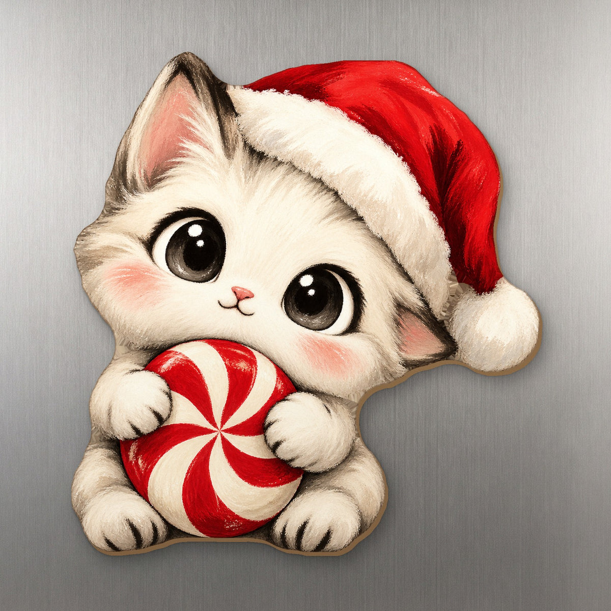 Peppermint Kitten wood magnet M396 on a stainless steel fridge, made in USA