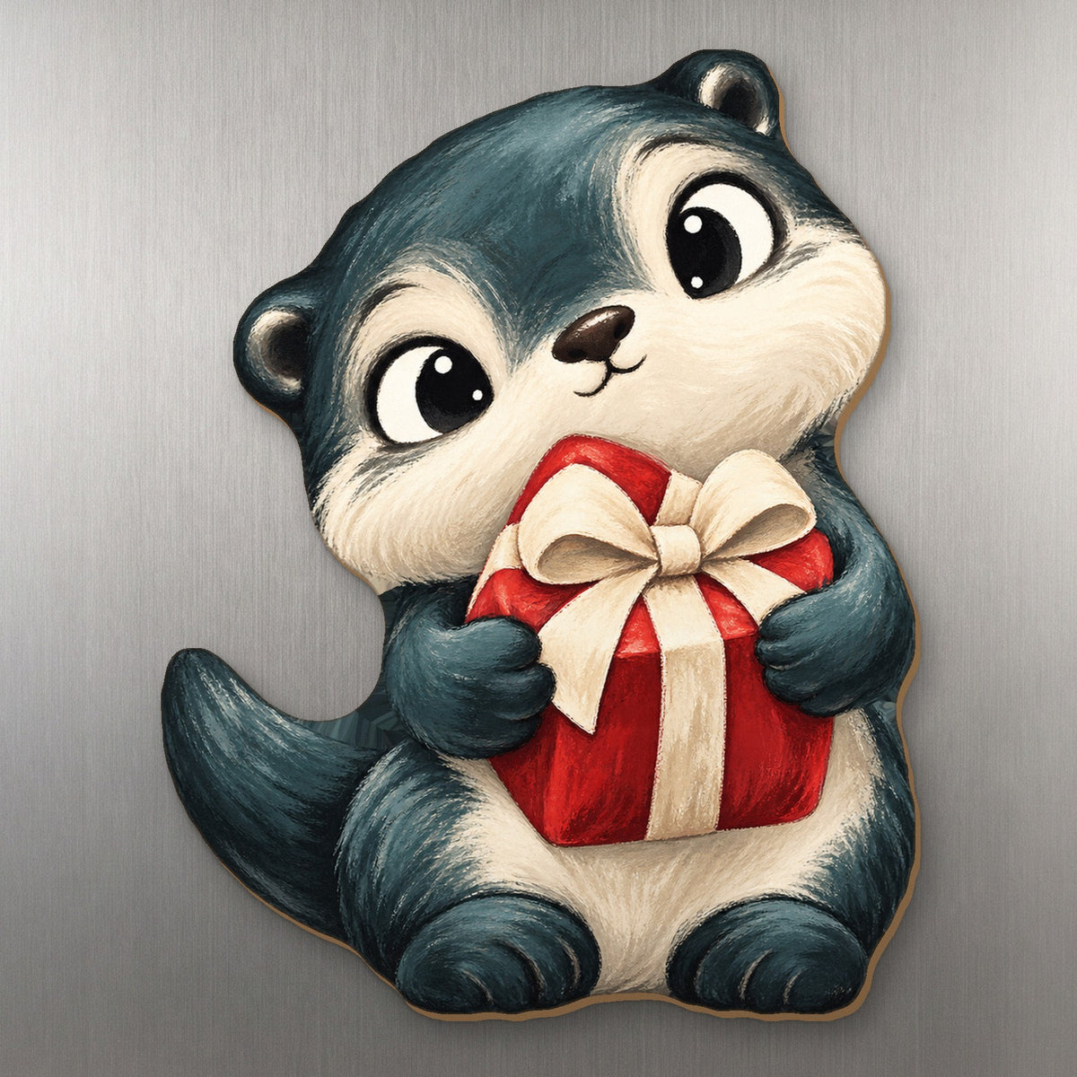 Gift Otter wood magnet M398 on a stainless steel fridge, made in USA