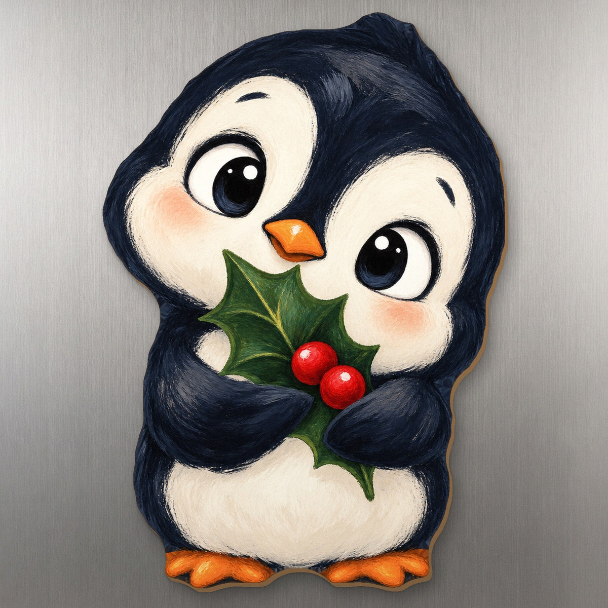 Holly Penguin wood magnet M399 on a stainless steel fridge, made in USA