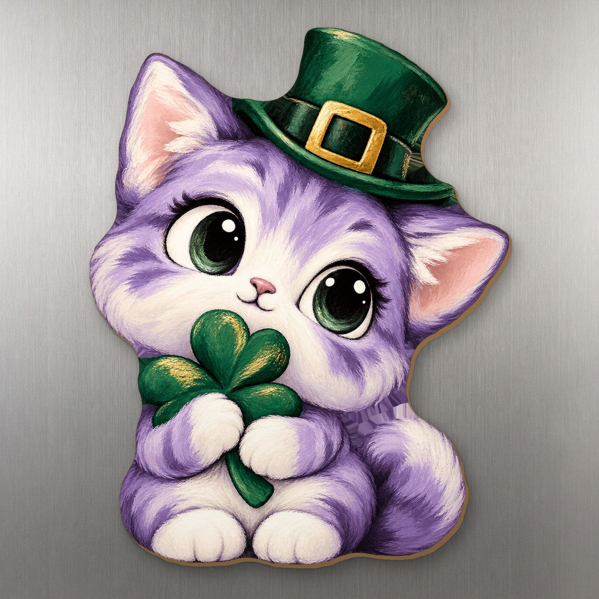 Lucky Kitty wood magnet M400 on a stainless steel fridge, made in USA