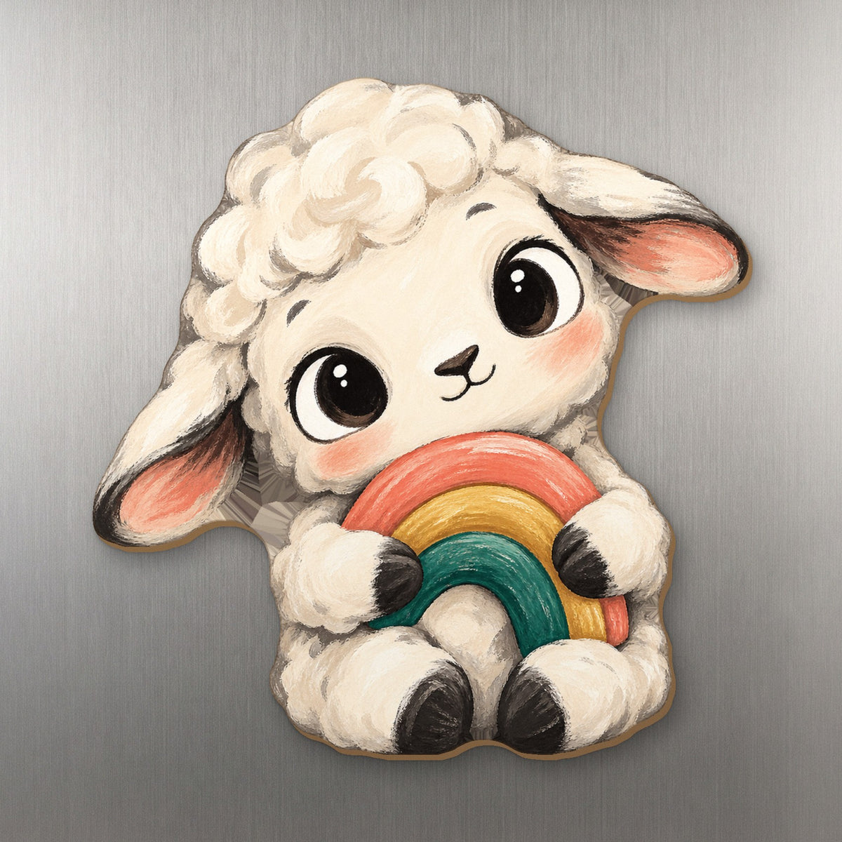 Rainbow Lamb wood magnet M401 on a stainless steel fridge, made in USA