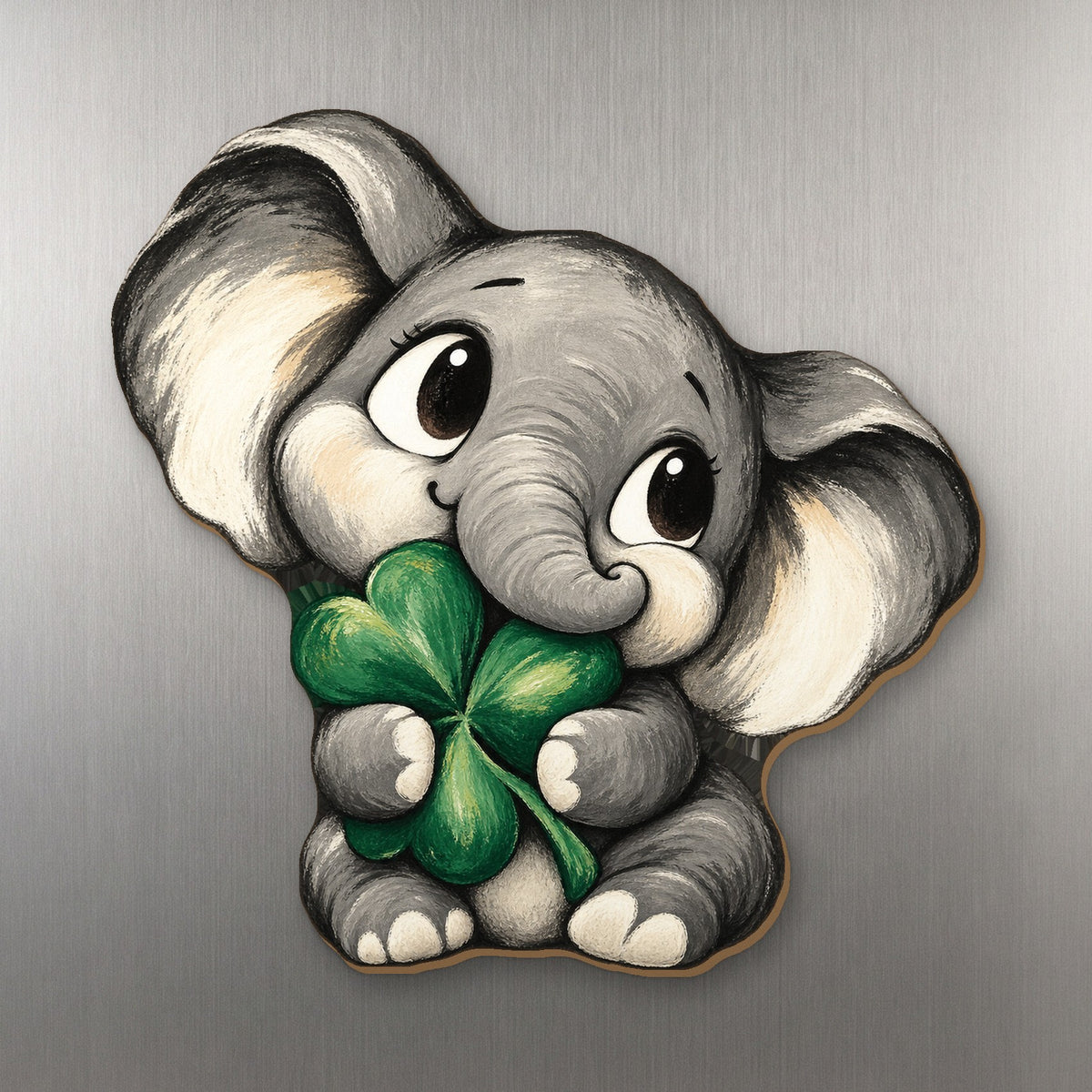 Shamrock Elephant wood magnet M403 on a stainless steel fridge, made in USA
