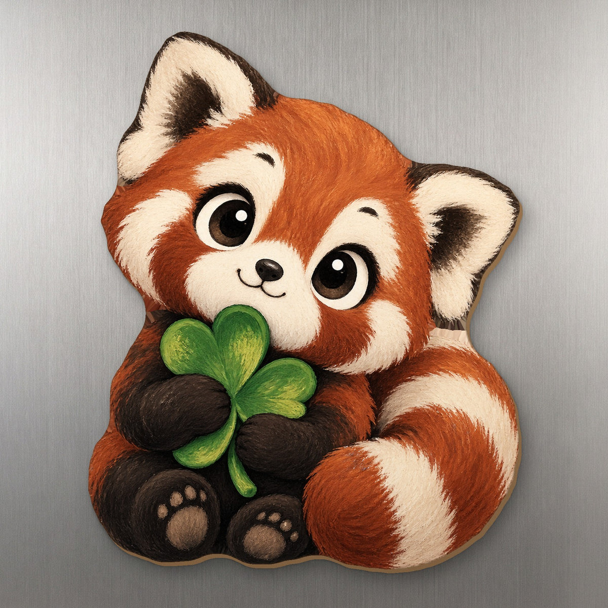 Clover Red Panda wood magnet M404 on a stainless steel fridge, made in USA
