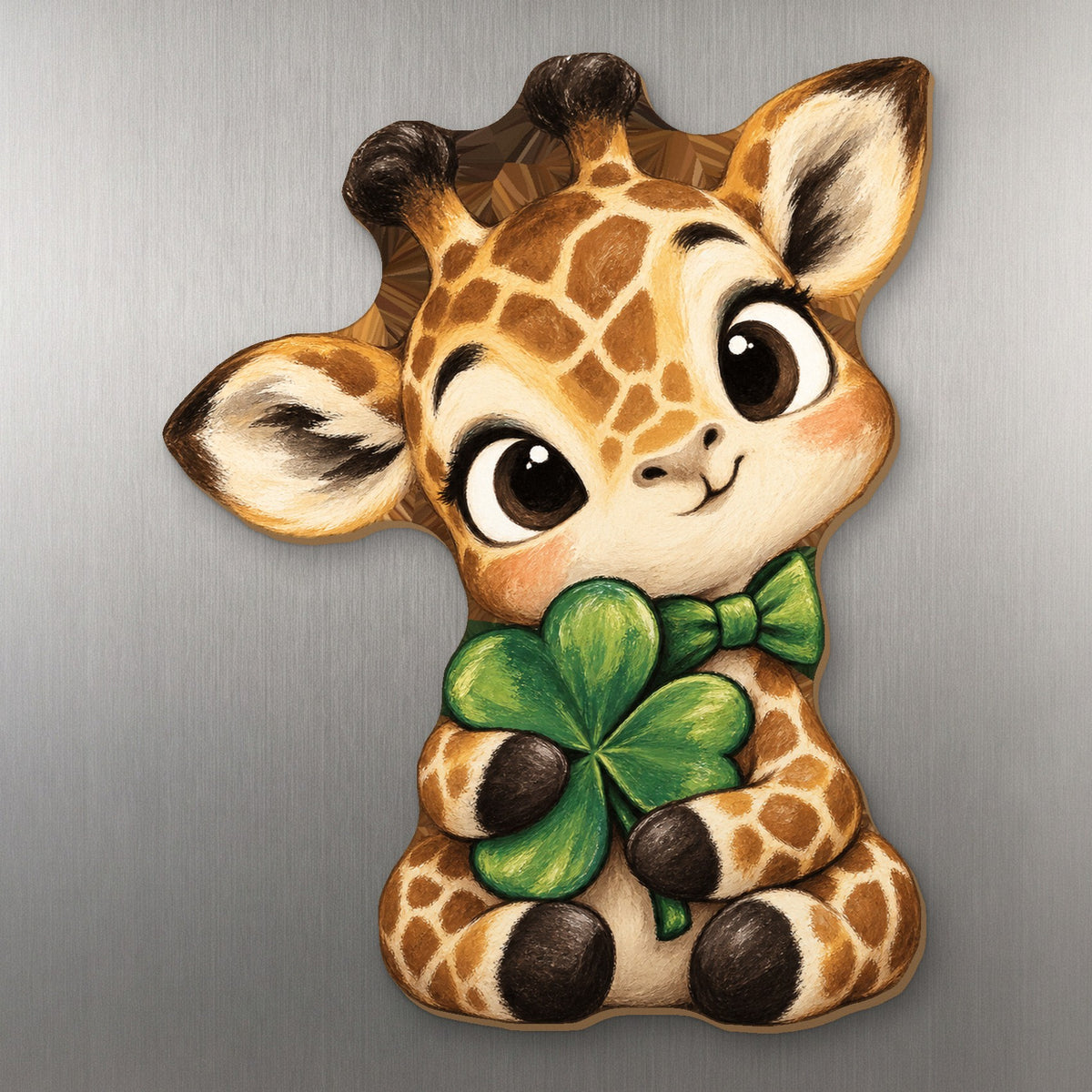 Lucky Giraffe wood magnet M406 on a stainless steel fridge, made in USA