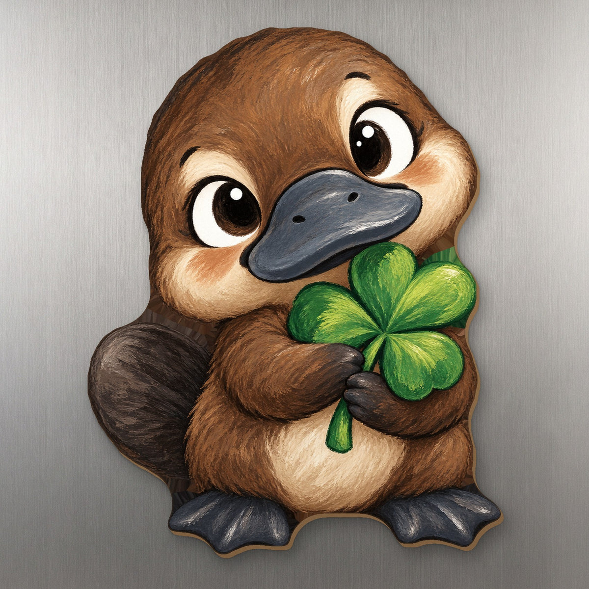 Clover Platypus wood magnet M407 on a stainless steel fridge, made in USA