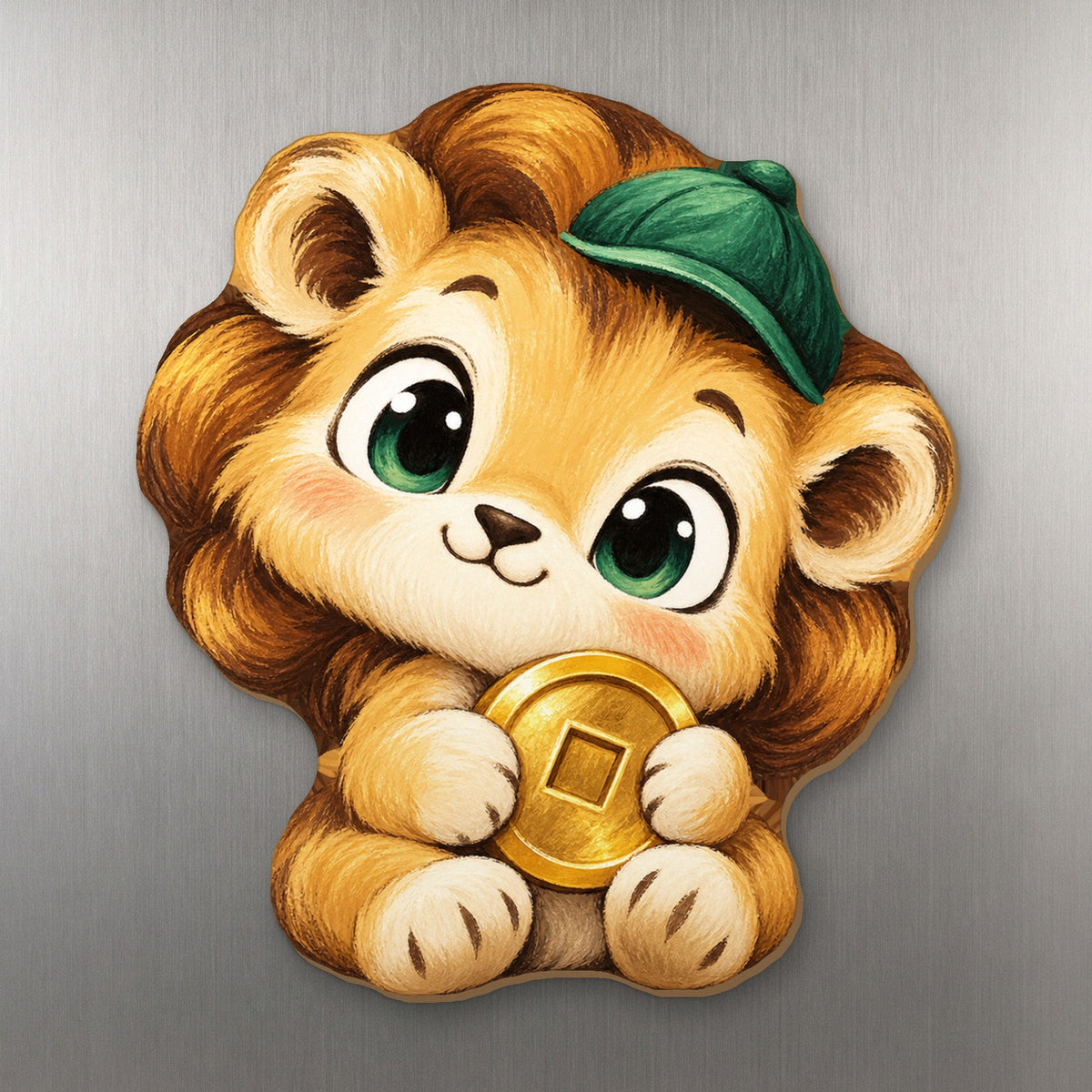 Lucky Lion wood magnet M408 on a stainless steel fridge, made in USA