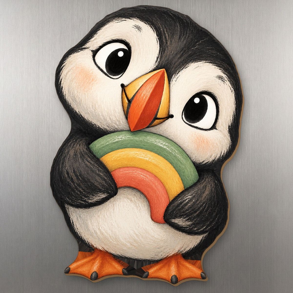Lucky Puffin wood magnet M410 on a stainless steel fridge, made in USA