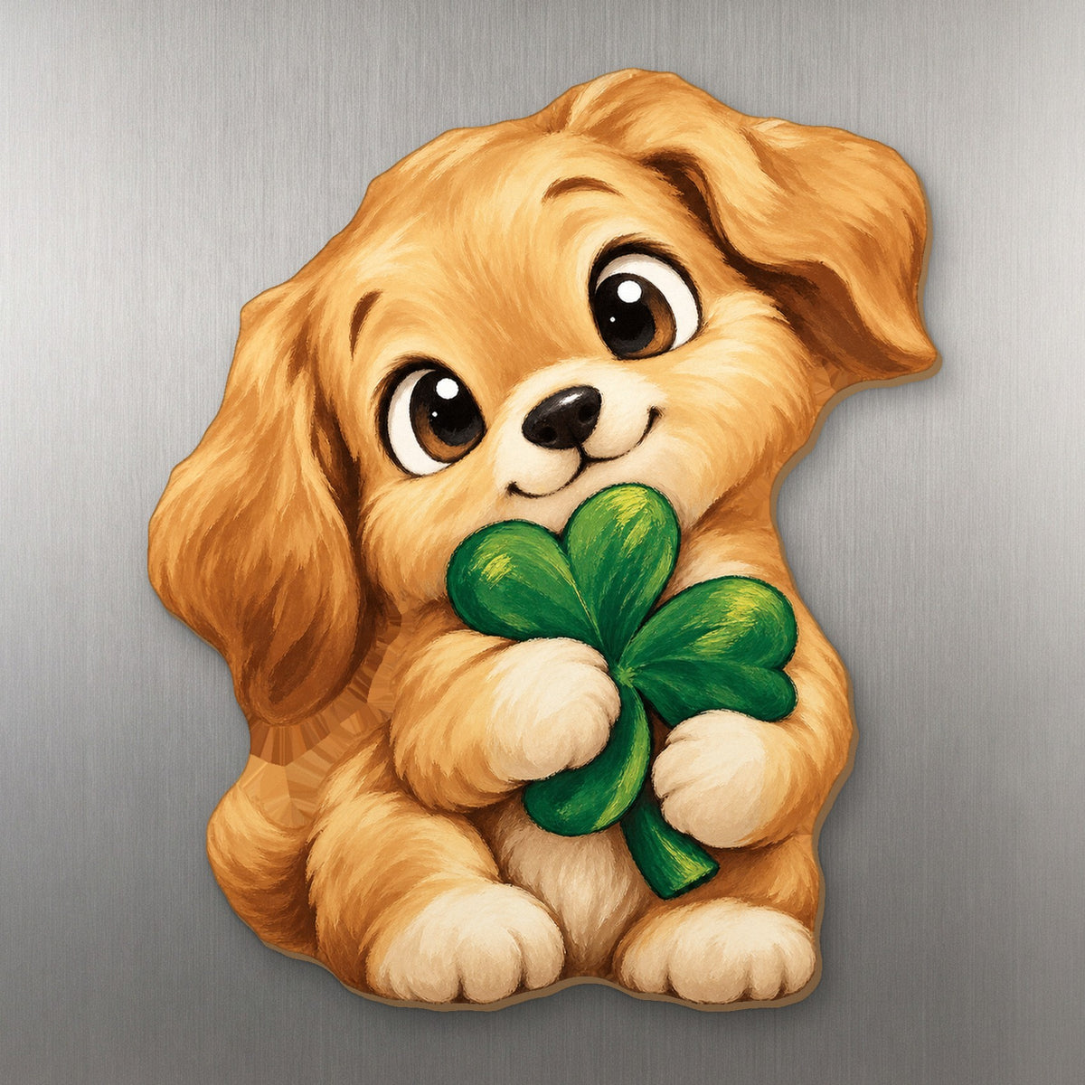 Clover Puppy wood magnet M411 on a stainless steel fridge, made in USA