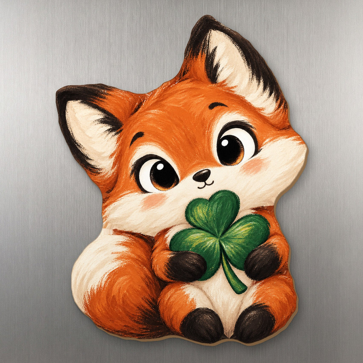 Lucky Fox wood magnet M412 on a stainless steel fridge, made in USA