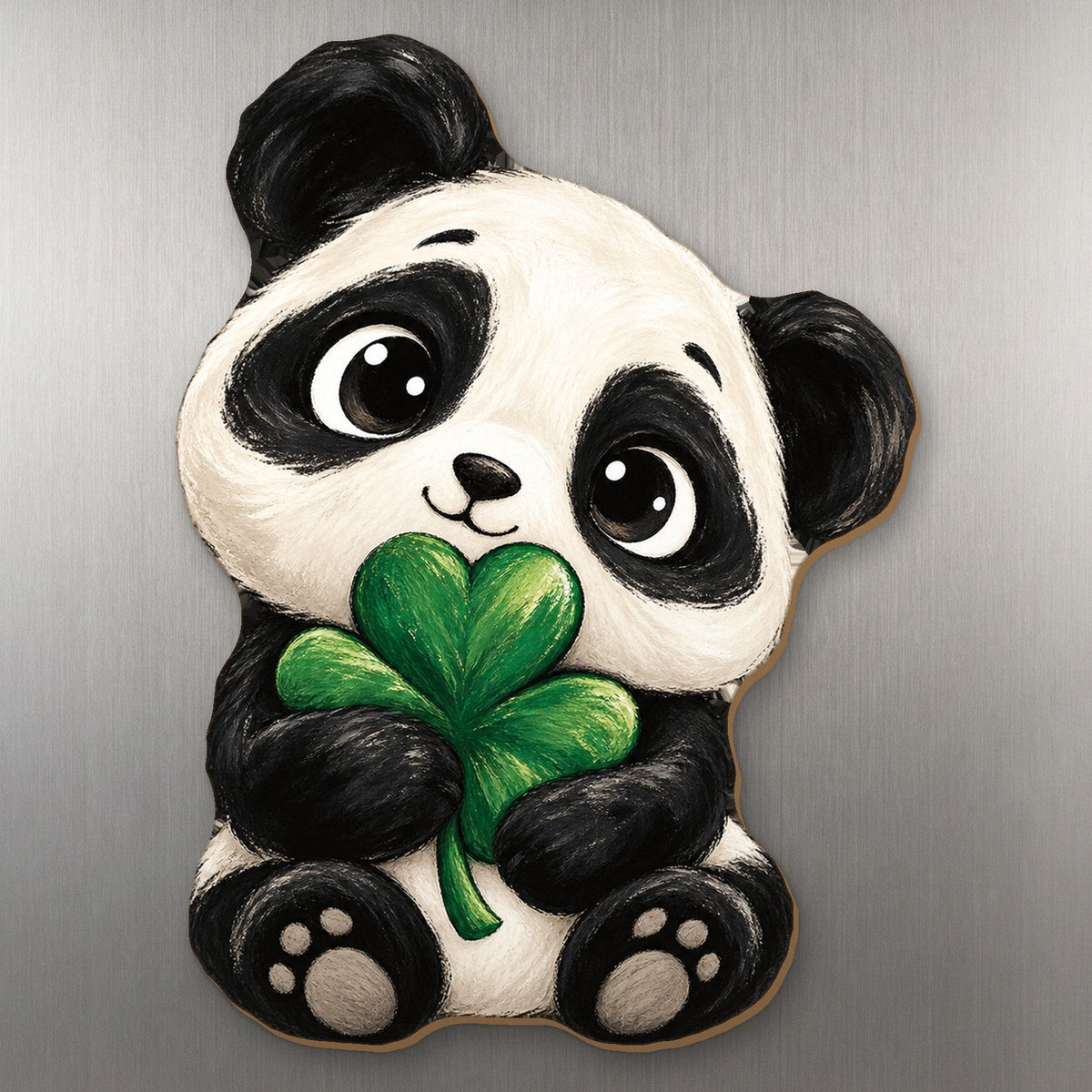 Clover Panda wood magnet M414 on a stainless steel fridge, made in USA