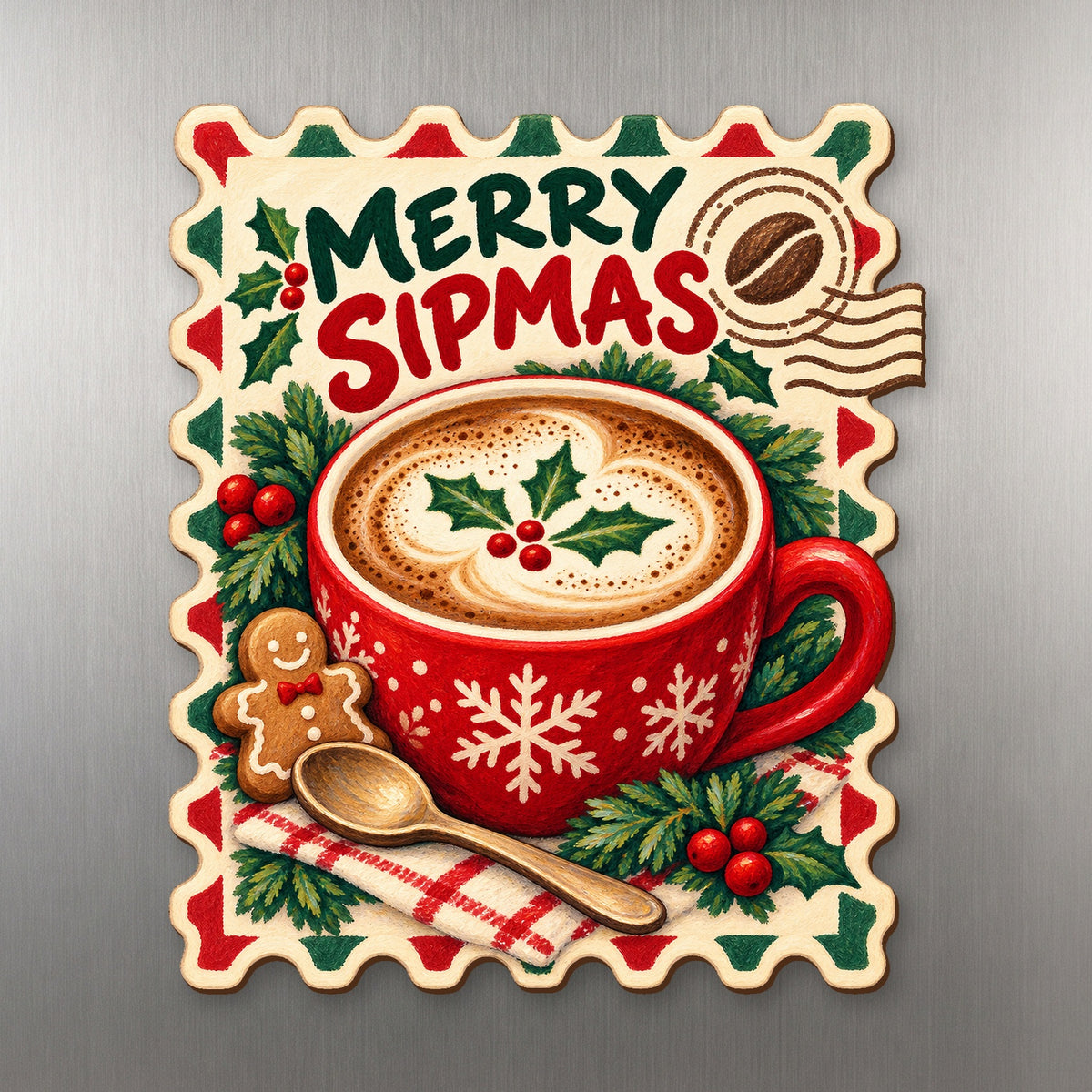 Merry Sipmas Postage Magnet #M417 — full-color wooden magnet