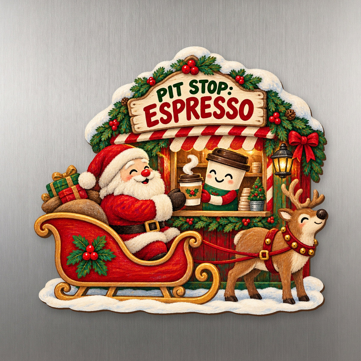 Santa's Pit Stop Magnet #M449 — full-color wooden magnet