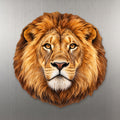 African lion face wood magnet with a smooth mane-shaped outline on stainless steel.