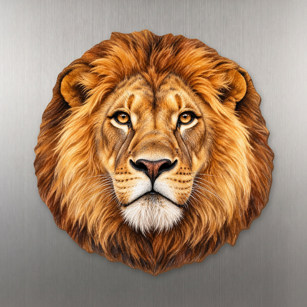 African lion face wood magnet with a smooth mane-shaped outline on stainless steel.