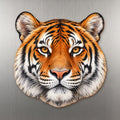 Bengal Tiger face wood magnet, shown on stainless steel.