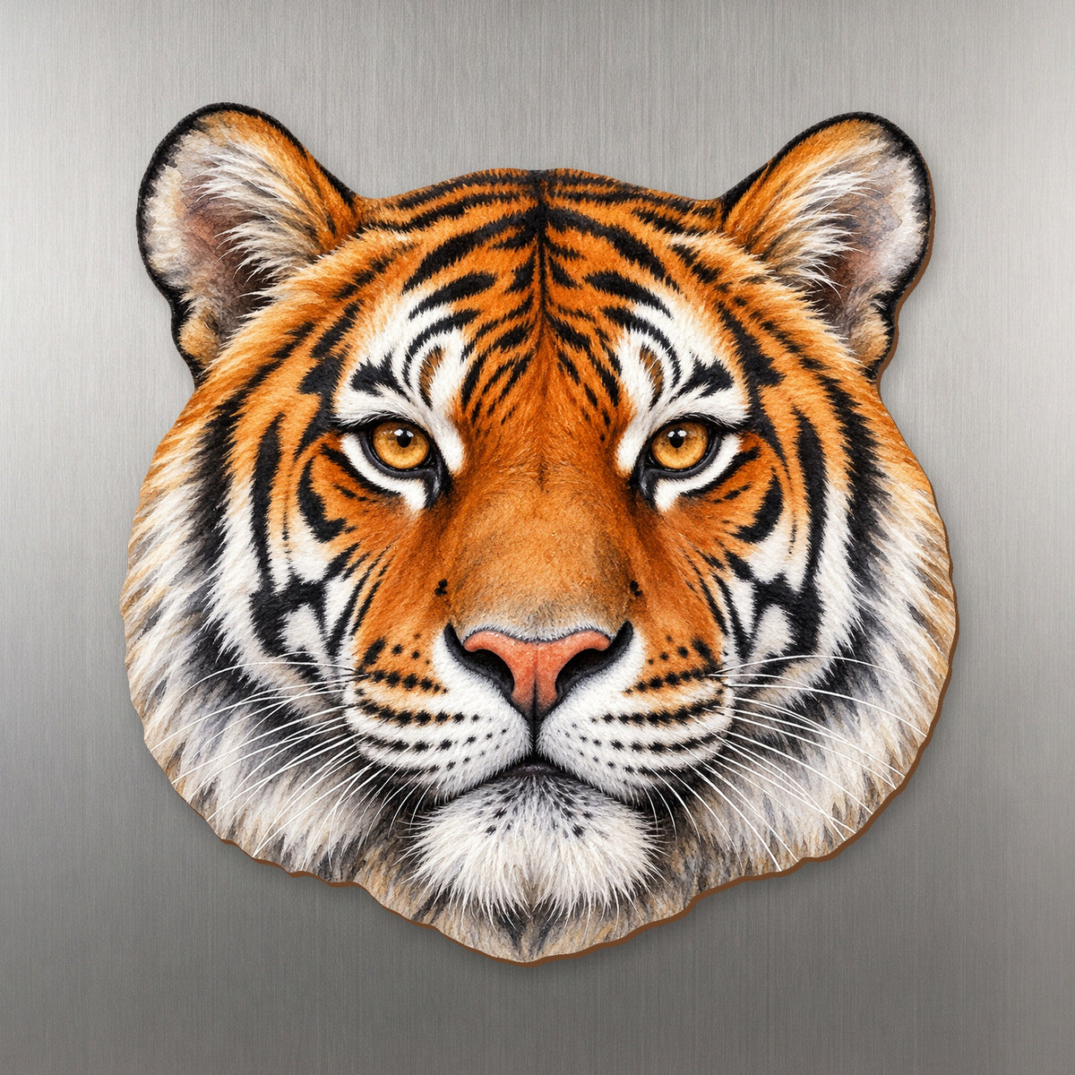 Bengal Tiger face wood magnet, shown on stainless steel.