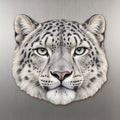 Snow Leopard face wood magnet, shown on stainless steel.
