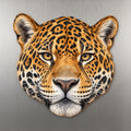 Jaguar face wood magnet, shown on stainless steel.