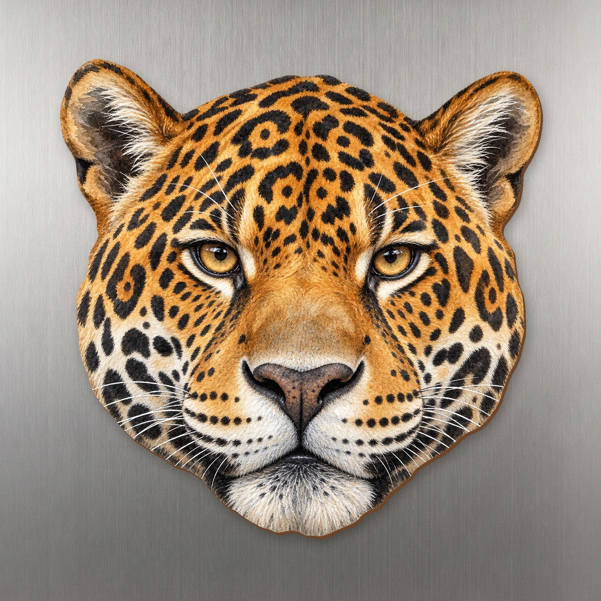 Jaguar face wood magnet, shown on stainless steel.