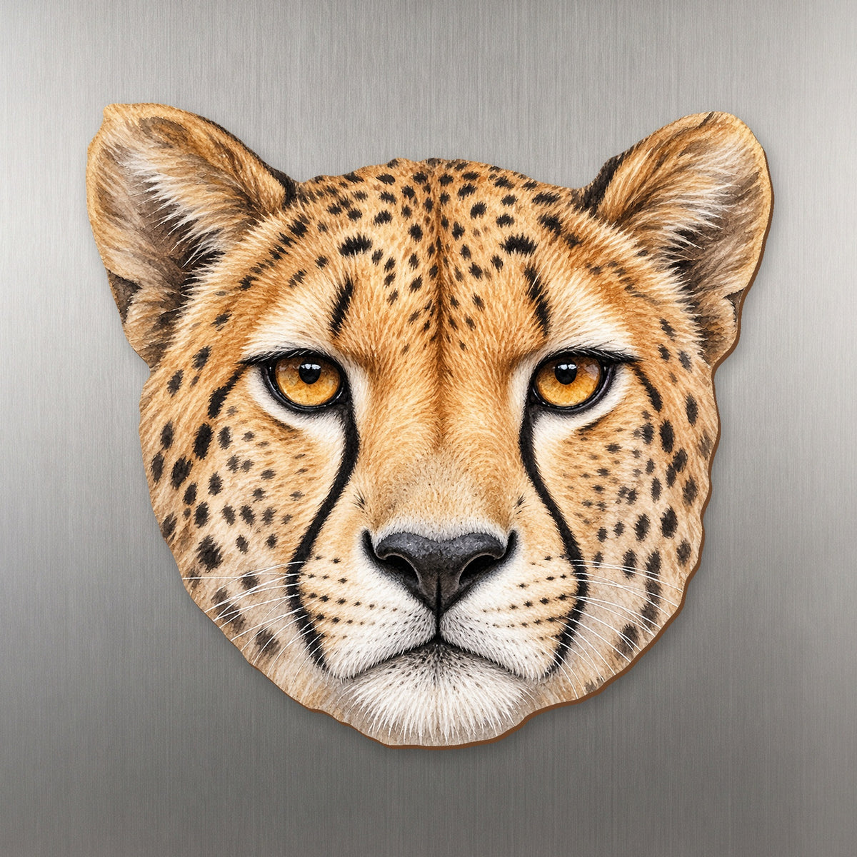 Cheetah face wood magnet, shown on stainless steel.