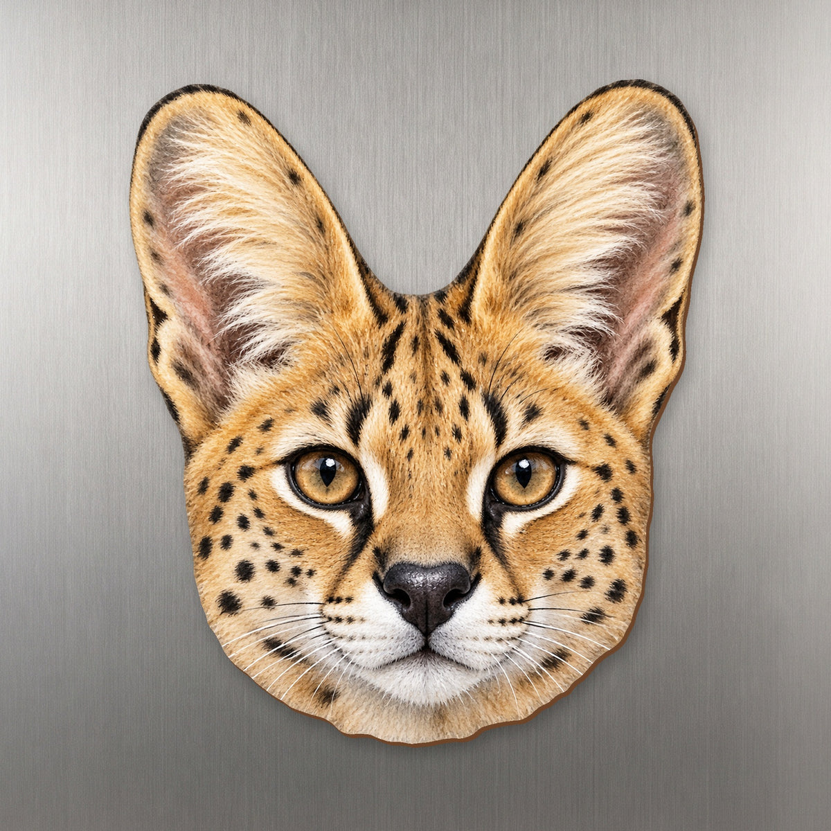 Serval face wood magnet, shown on stainless steel.