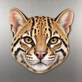 Ocelot face wood magnet, shown on stainless steel.