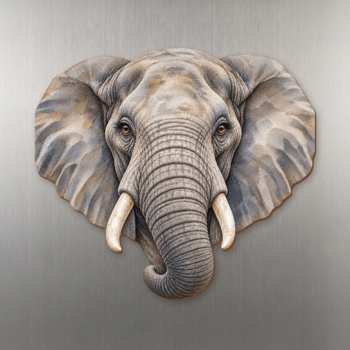 African Elephant face wood magnet, shown on stainless steel.