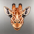 Giraffe face wood magnet, shown on stainless steel.