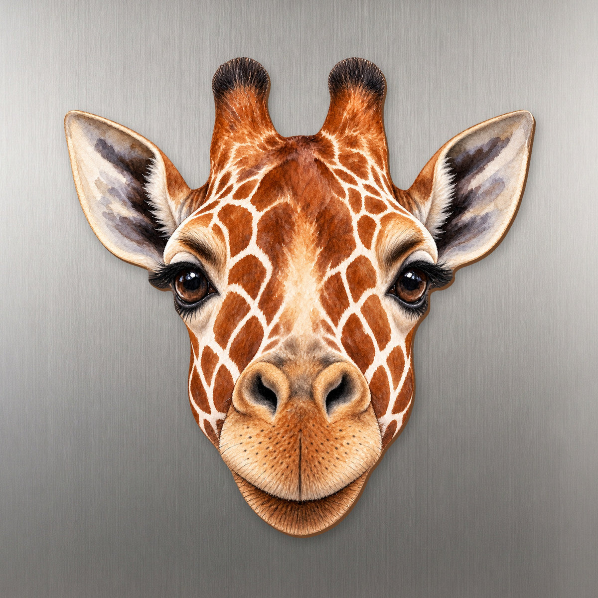 Giraffe face wood magnet, shown on stainless steel.