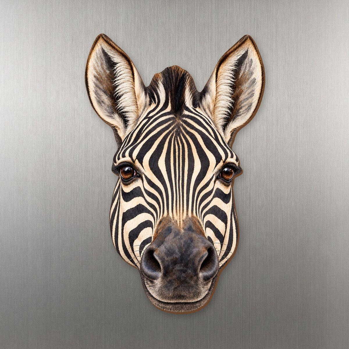 Plains Zebra face wood magnet, shown on stainless steel.