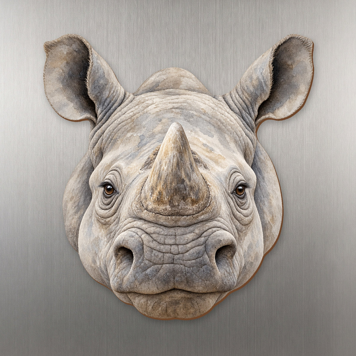 White Rhinoceros face wood magnet, shown on stainless steel.