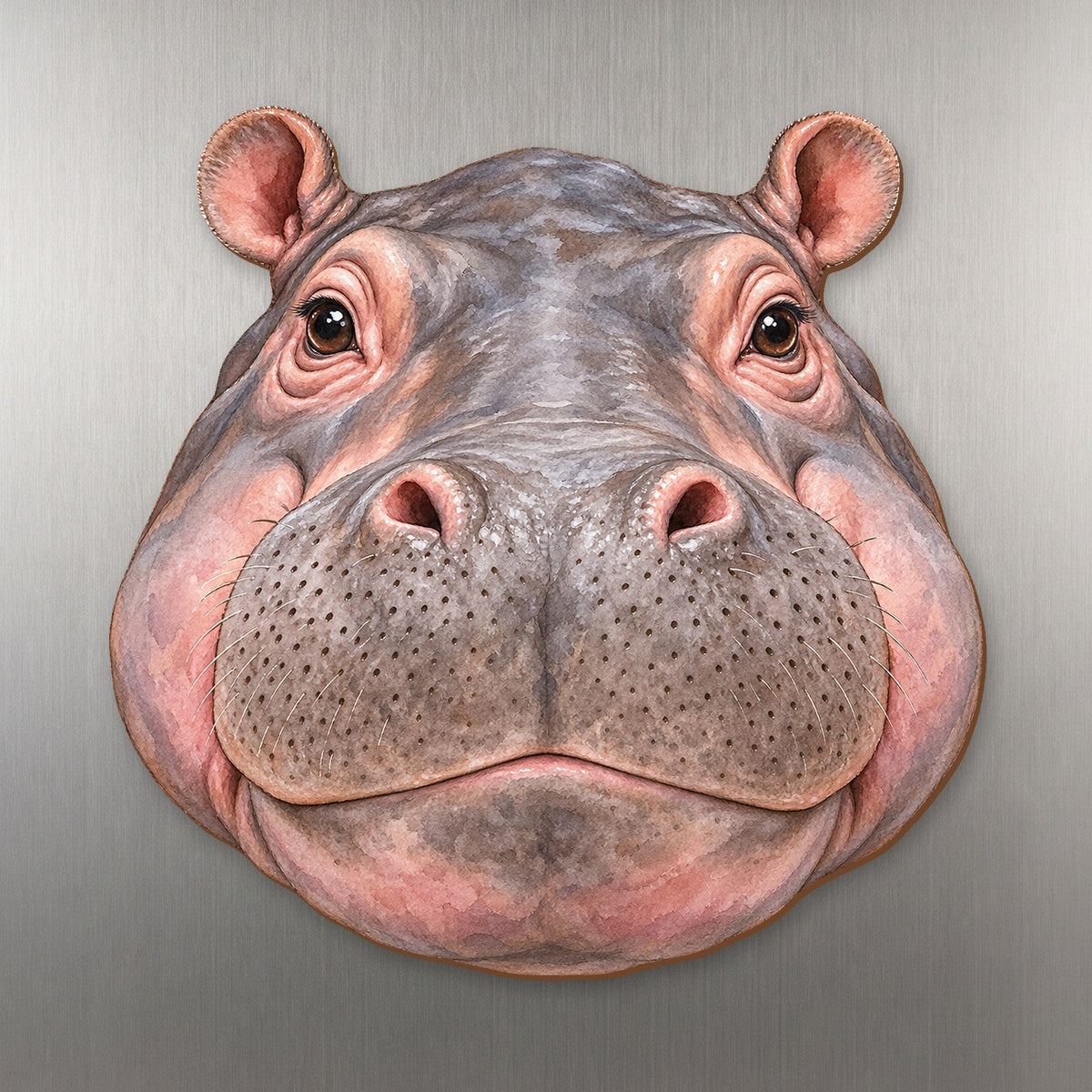 Hippopotamus face wood magnet, shown on stainless steel.