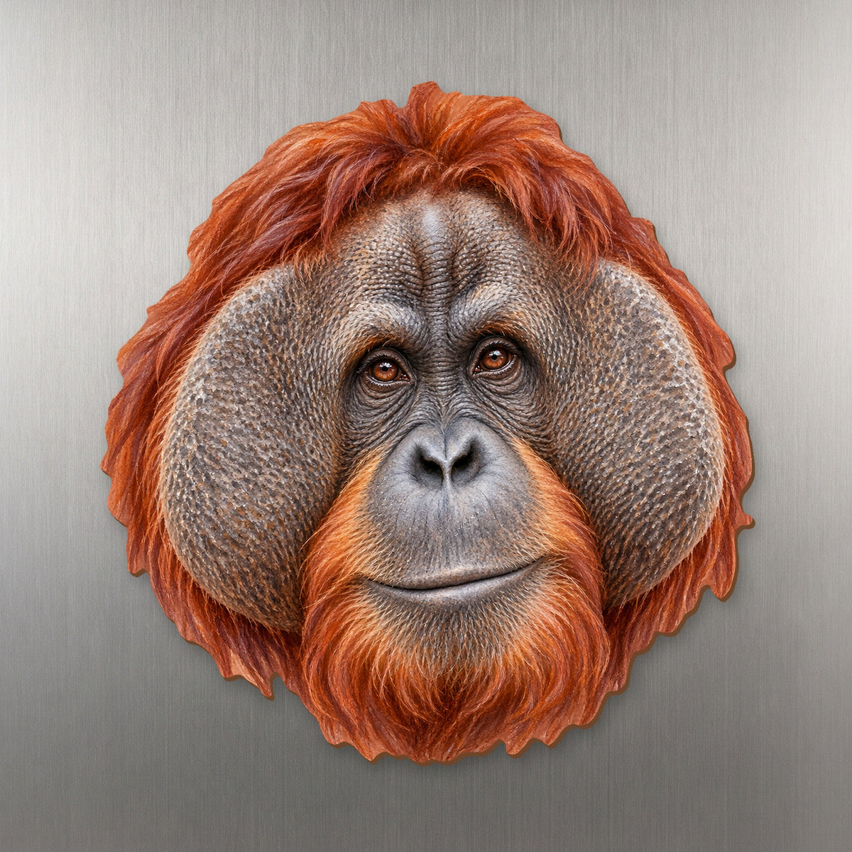 Orangutan face wood magnet, shown on stainless steel.