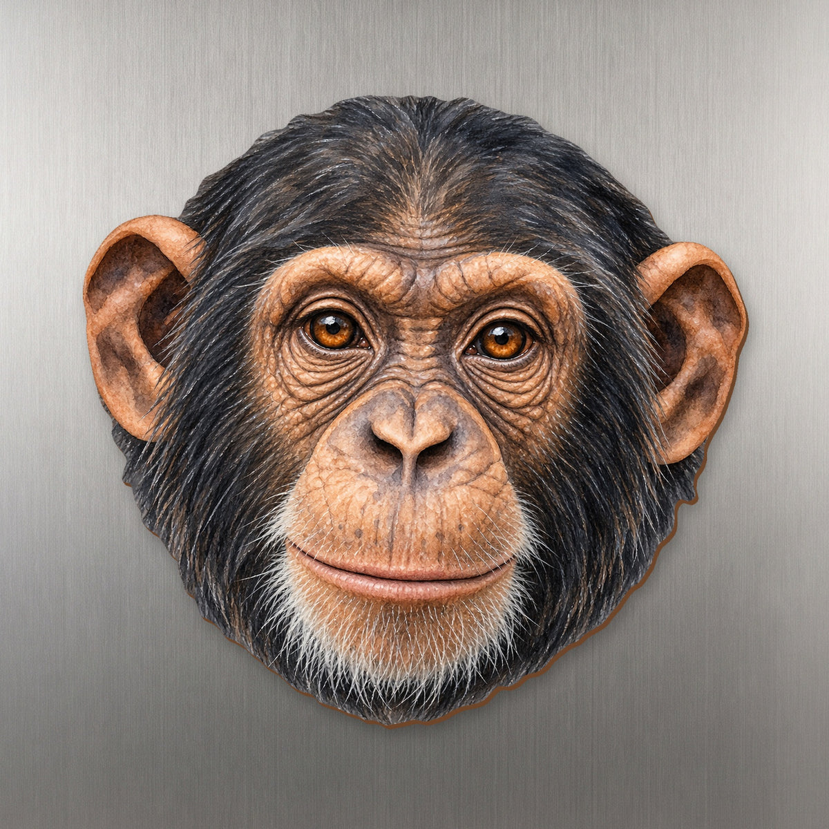 Chimpanzee face wood magnet, shown on stainless steel.