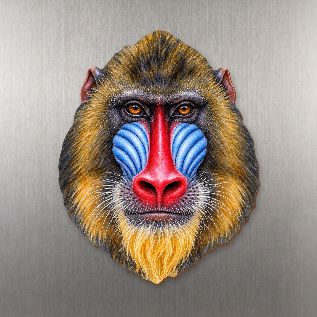 Mandrill face wood magnet, shown on stainless steel.