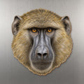 Olive Baboon face wood magnet, shown on stainless steel.