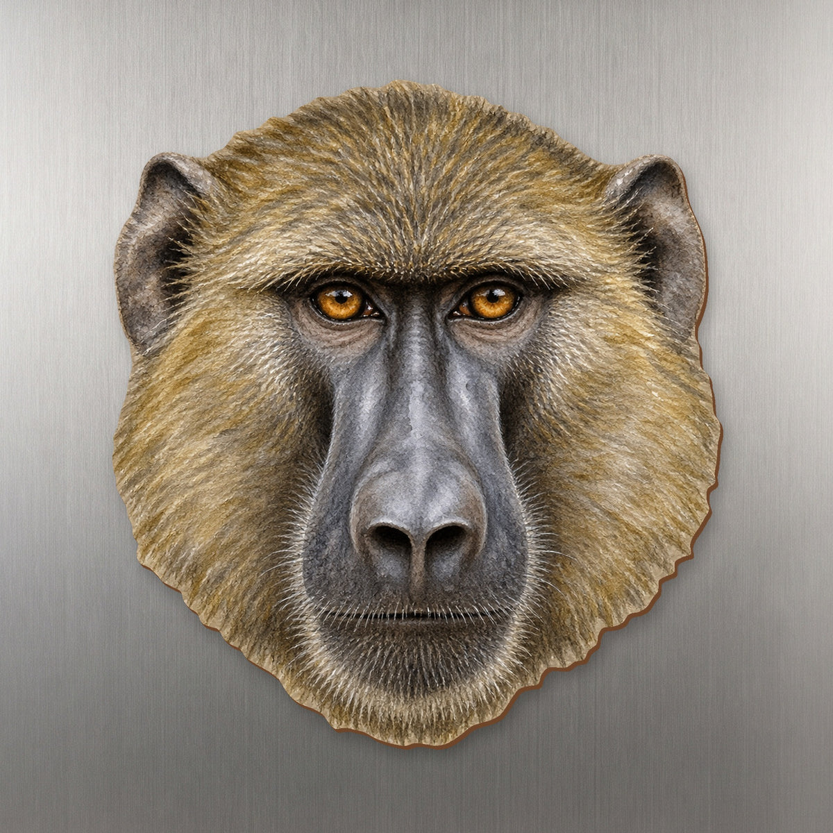 Olive Baboon face wood magnet, shown on stainless steel.